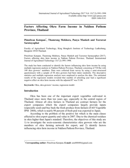 Factors Affecting Okra Farm Income in Nakhon Pathom Province, Thailand. International Journal of Agricultural Technology 13(7.2):1991-1998