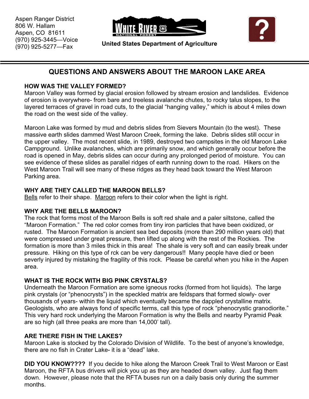 Questions and Answers About the Maroon Lake Area