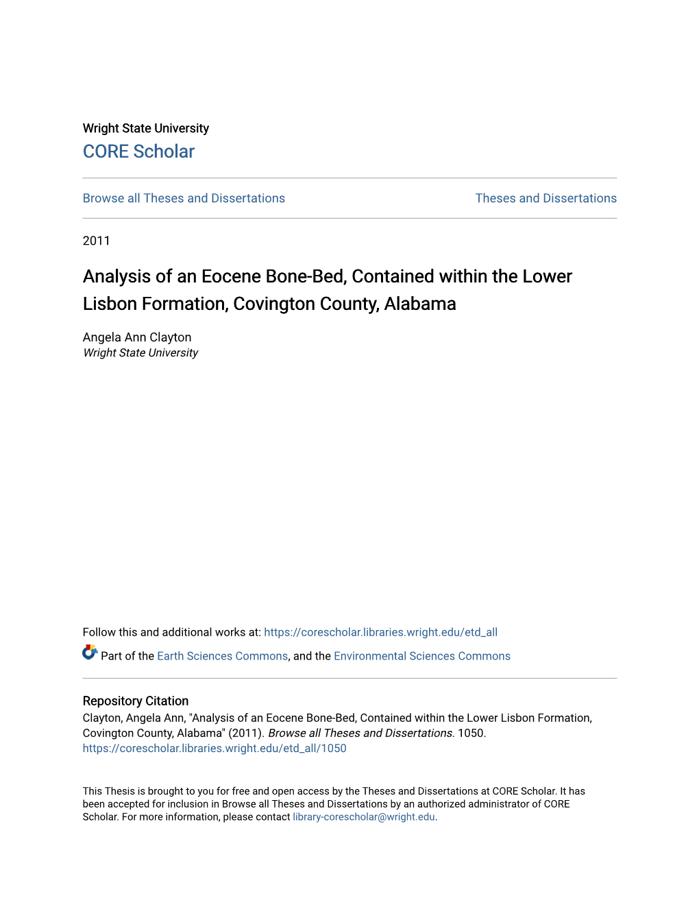 Analysis of an Eocene Bone-Bed, Contained Within the Lower Lisbon Formation, Covington County, Alabama