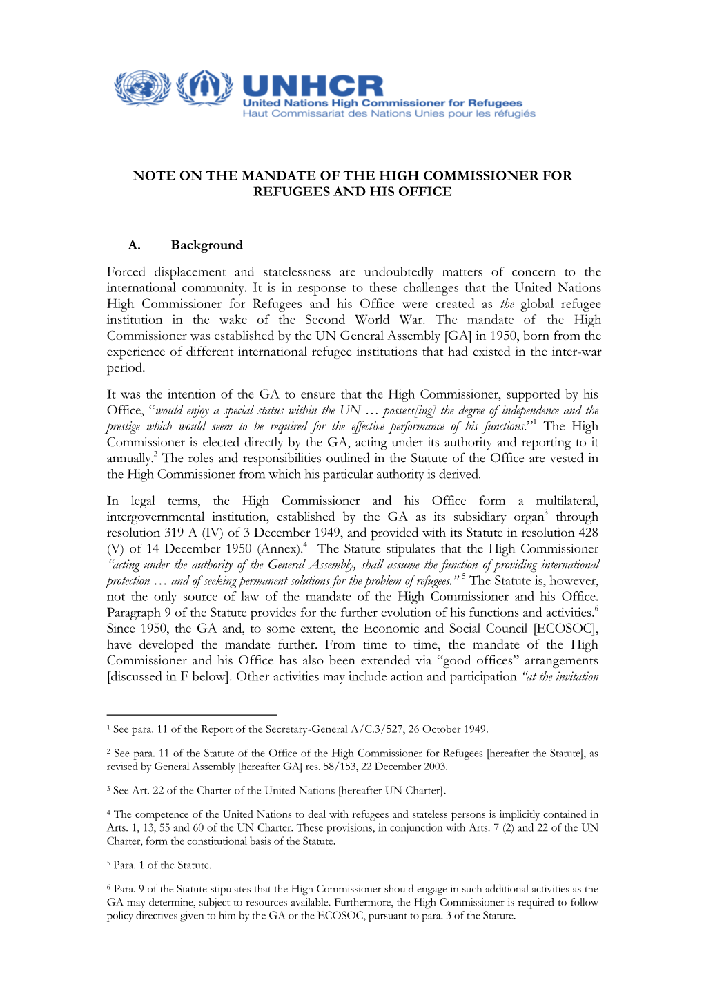 Note on the Mandate of the High Commissioner for Refugees and His Office