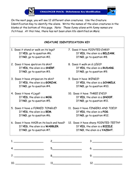 On the Next Page, You Will See 12 Different Alien Creatures. Use the Creature Identification Key to Identify the Aliens. Write