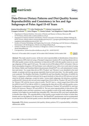 Data-Driven Dietary Patterns and Diet Quality Scores: Reproducibility and Consistency in Sex and Age Subgroups of Poles Aged 15–65 Years