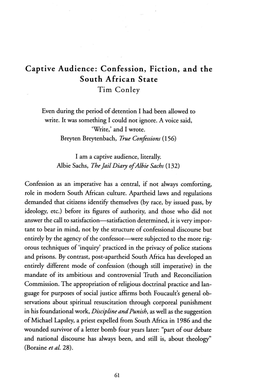 Confession, Fiction, and the South African State Tim Conley