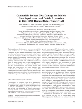 Cantharidin Induces DNA Damage and Inhibits DNA Repair-Associated Protein Expressions in TSGH8301 Human Bladder Cancer Cell