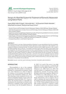 Design of a Reed Bed System for Treatment of Domestic Wastewater Using Native Plants