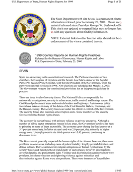 US Department of State, Human Rights Reports for 1999 Page 1 of 21