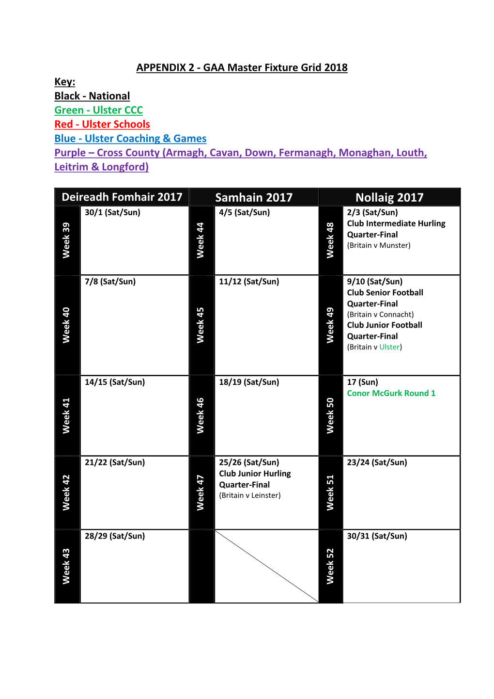 GAA Master Fixtures Schedule