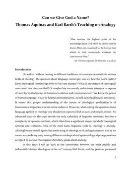 Thomas Aquinas and Karl Barth's Teaching on Analogy