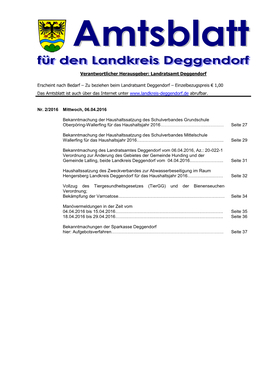 Zu Beziehen Beim Landratsamt Deggendorf – Einzelbezugspreis € 1,00 Das Amtsblatt Ist Auch Über Das Internet Unter Abrufbar