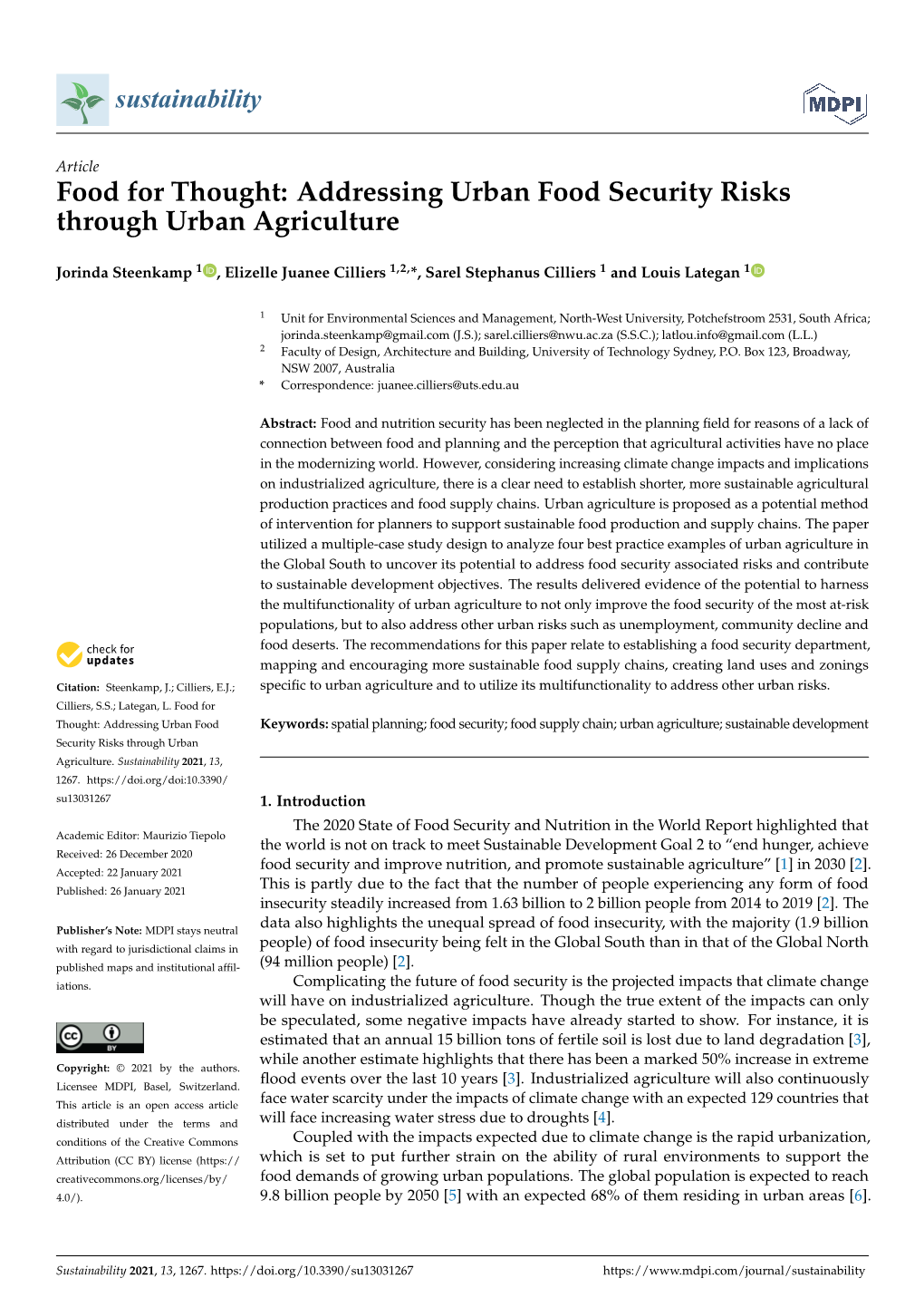 Addressing Urban Food Security Risks Through Urban Agriculture