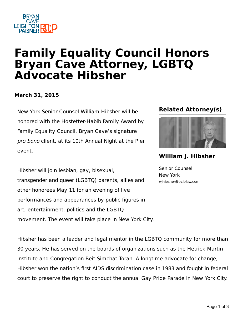 Family Equality Council Honors Bryan Cave Attorney, LGBTQ Advocate Hibsher