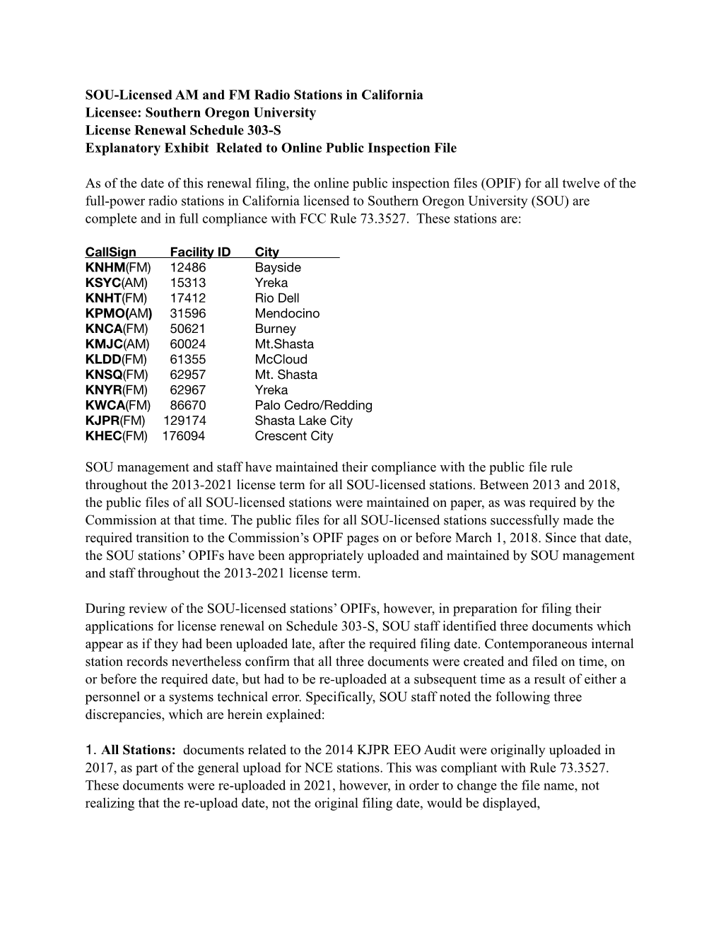 SOU Licensed Stations