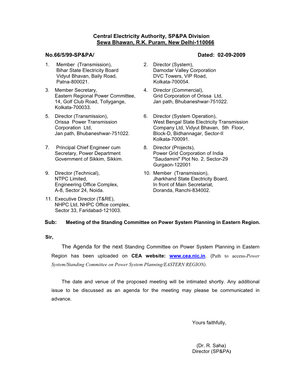 Agenda Note for Standing Committee Meeting of Eastern Region