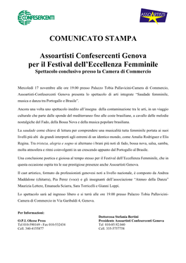 COMUNICATO STAMPA Assoartisti Confesercenti Genova Per Il Festival Dell'eccellenza Femminile