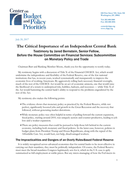 The Critical Importance of an Independent Central Bank