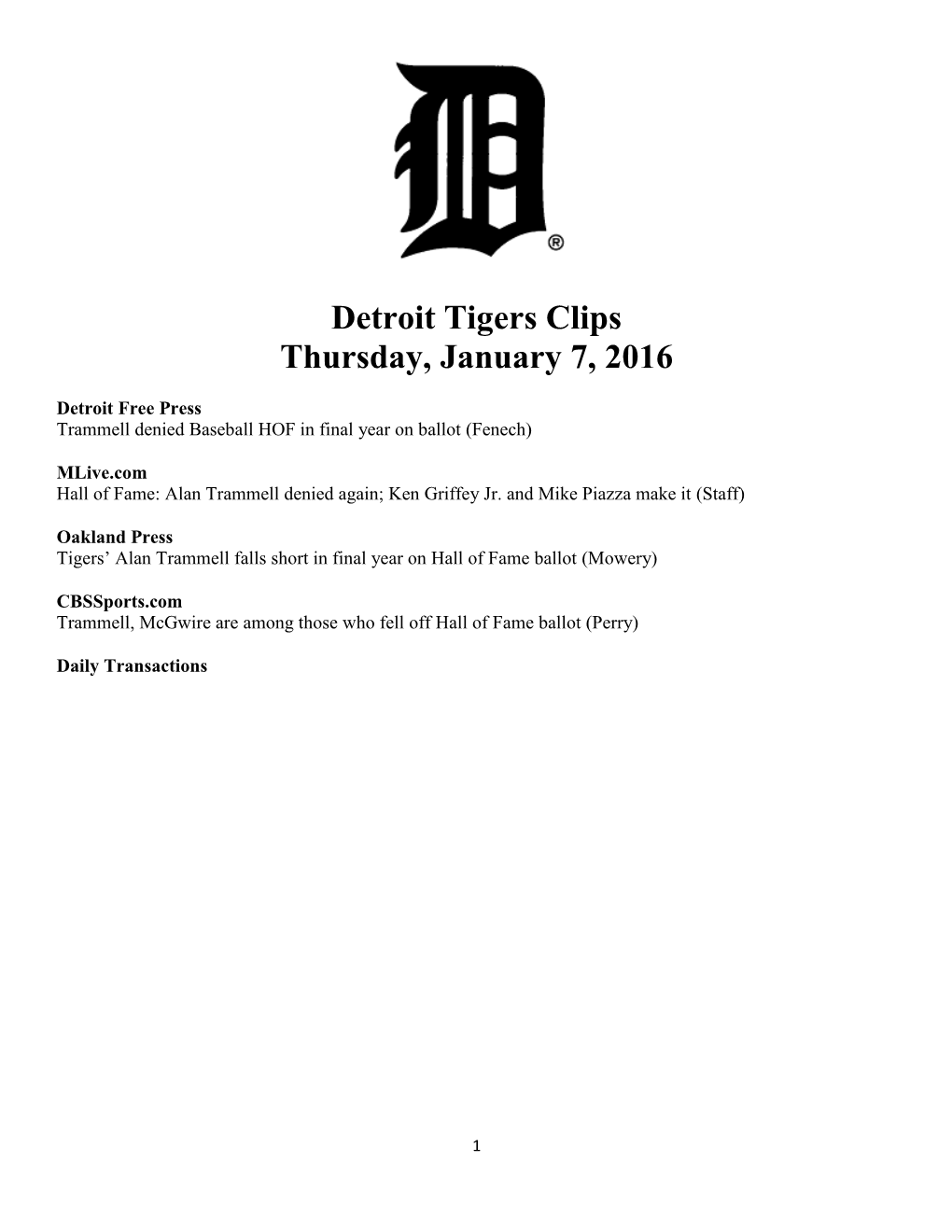 Detroit Tigers Clips Thursday, January 7, 2016