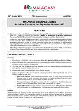 MALAGASY MINERALS LIMITED Activities Report for the September Quarter 2015