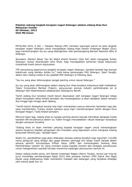 Pakatan Sokong Langkah Kerajaan Negeri Selangor Adakan Sidang Khas Dun Malaysian Insider 05 Oktober, 2012 Oleh Md Izwan