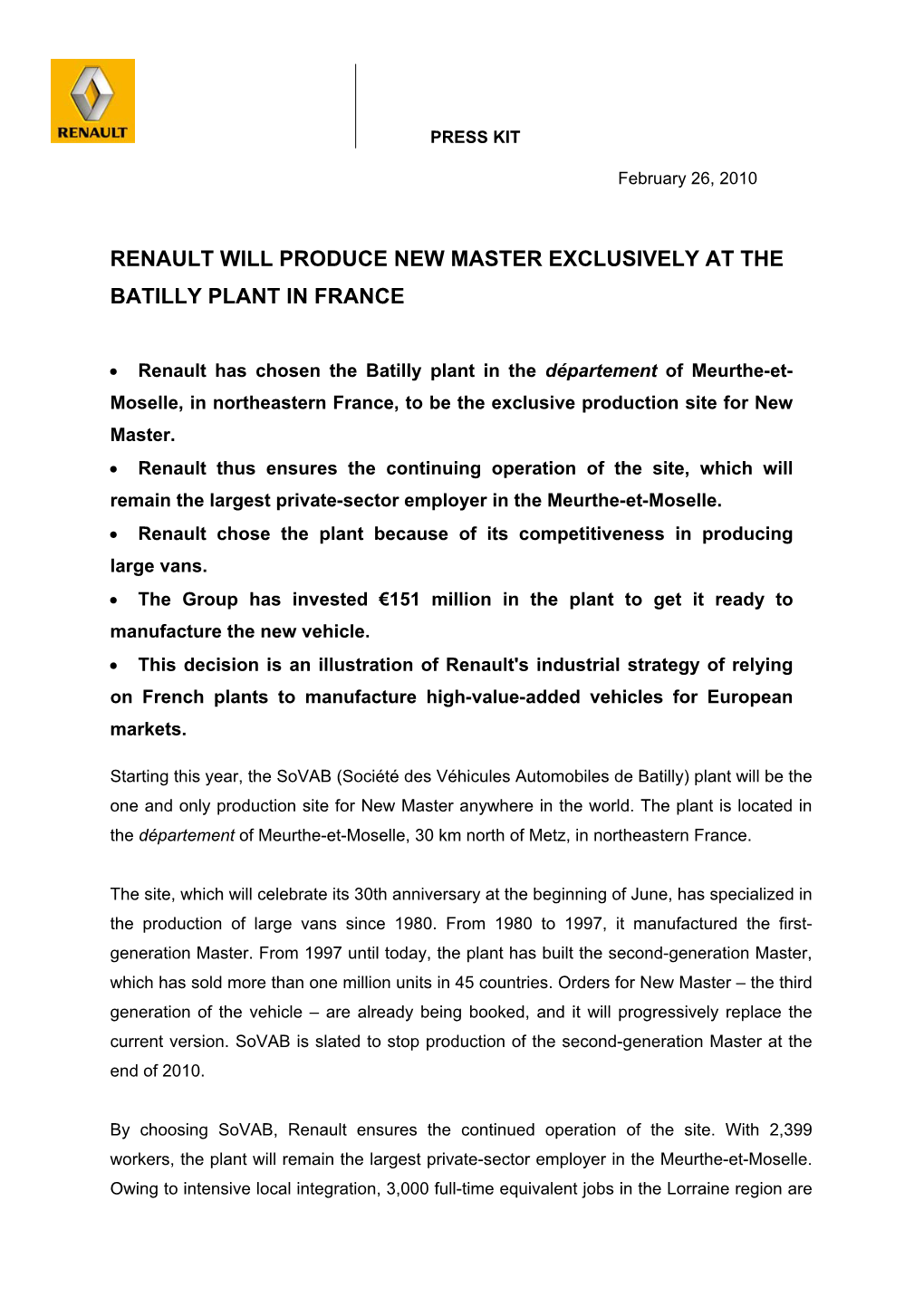 Renault Will Produce New Master Exclusively at the Batilly Plant in France