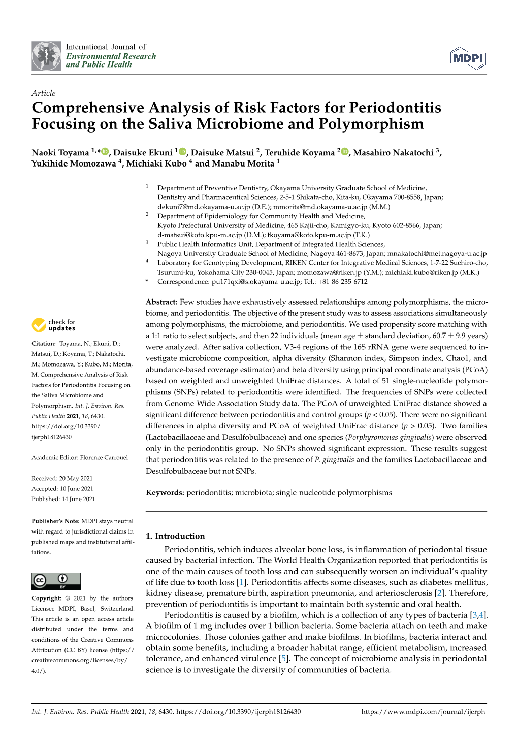 Comprehensive Analysis of Risk Factors for Periodontitis Focusing on the Saliva Microbiome and Polymorphism