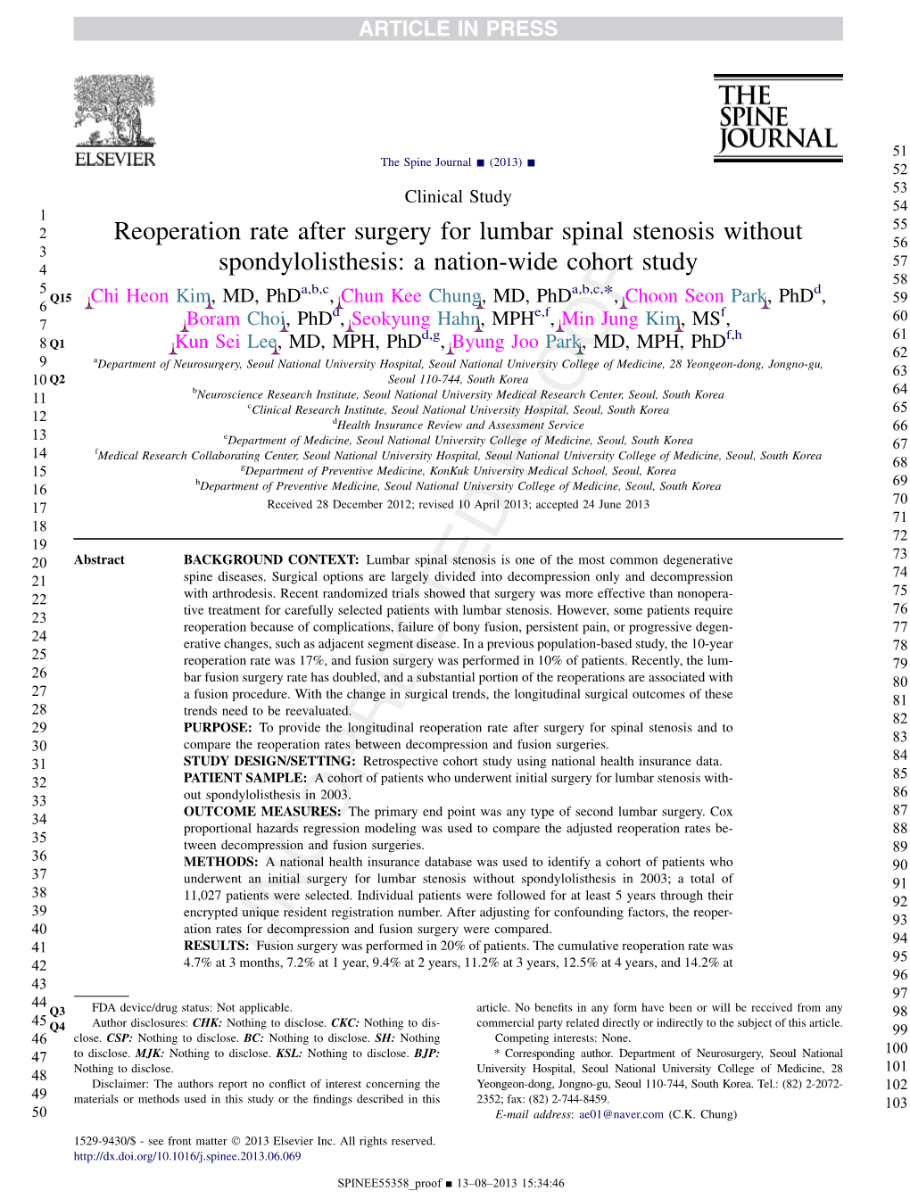 Reoperation Rate After Surgery for Lumbar Spinal Stenosis Without