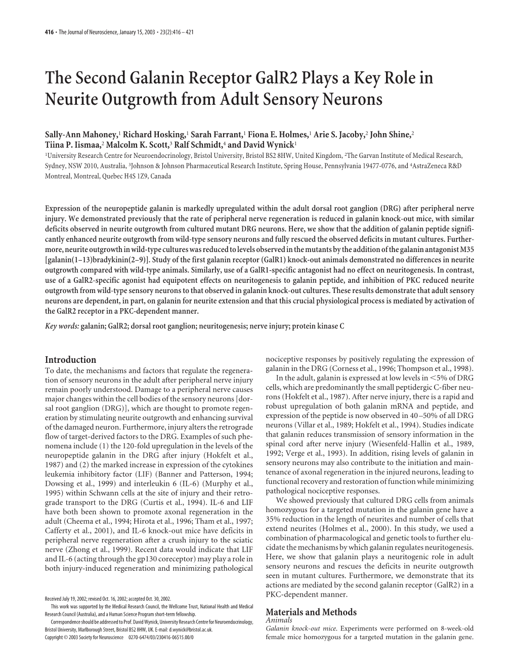 The Second Galanin Receptor Galr2 Plays a Key Role in Neurite Outgrowth from Adult Sensory Neurons