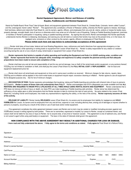 Rental Equipment Agreement, Waiver and Release of Liability Kayaks, Paddleboards and Related Equipment