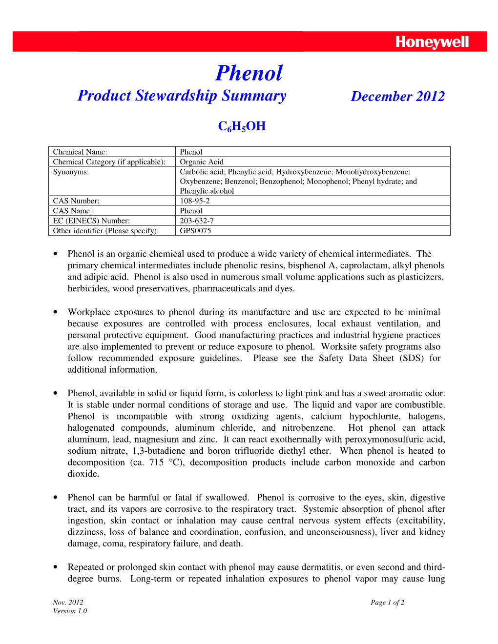 Phenol Product Stewardship Summary December 2012