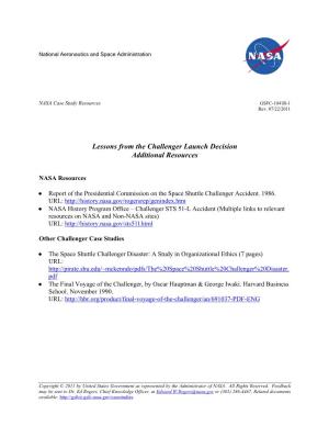 Lessons from the Challenger Launch Decision Additional Resources