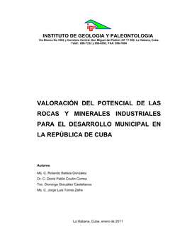 Valoración Del Potencial De Las Rocas Y Minerales Industriales Para El Desarrollo Municipal En La República De Cuba