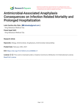Antimicrobial-Associated Anaphylaxis Consequences on Infection Related Mortality and Prolonged Hospitalization