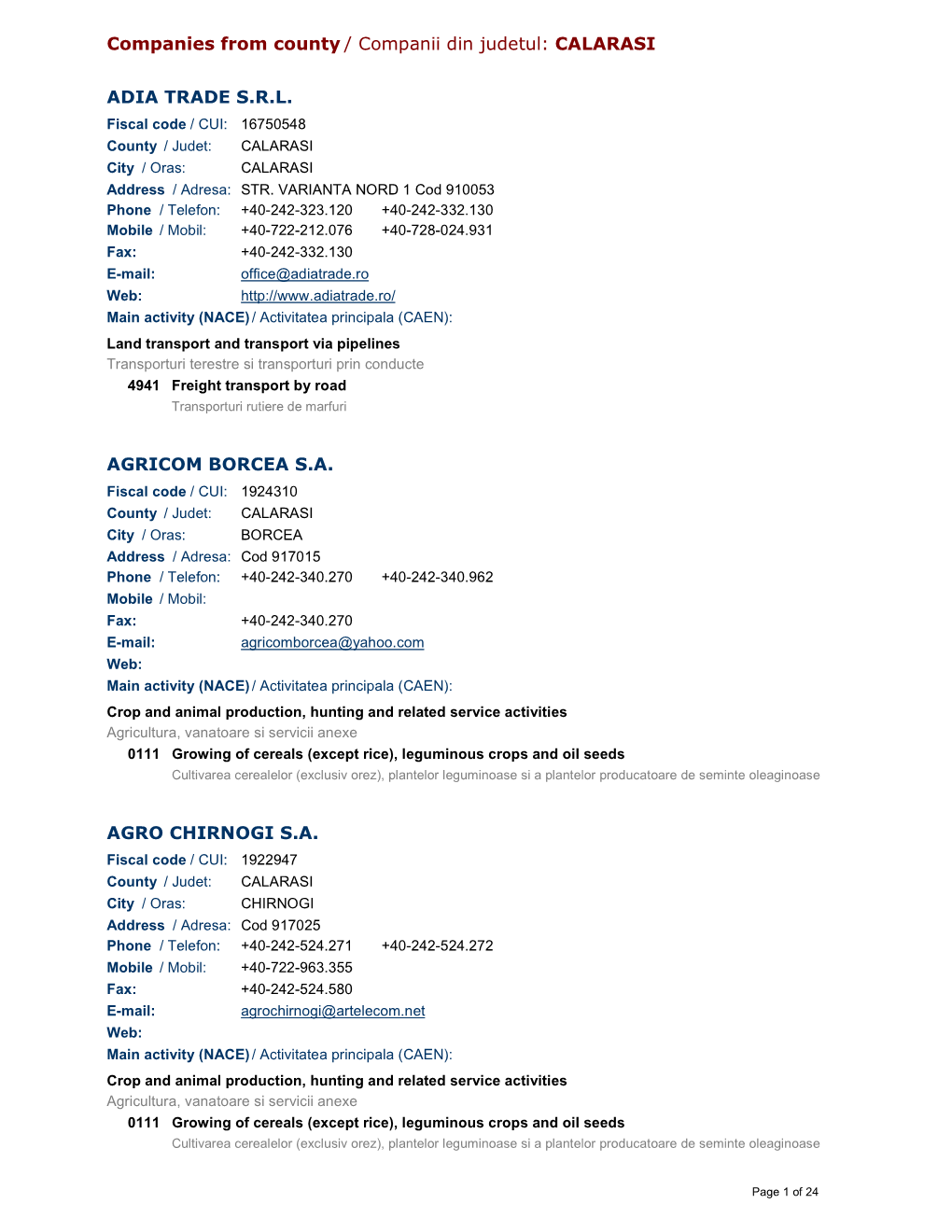 Companies from County / Companii Din Judetul: CALARASI ADIA