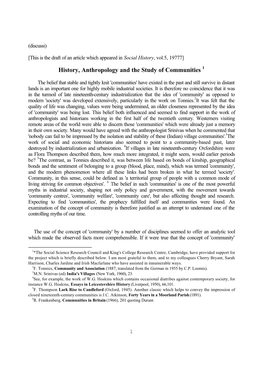 History, Anthropology and the Study of Communities 1