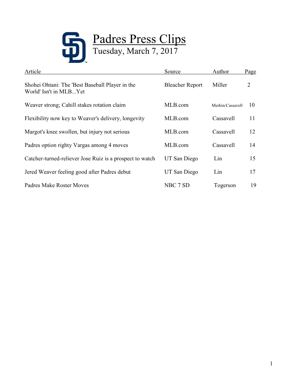 Padres Press Clips Tuesday, March 7, 2017