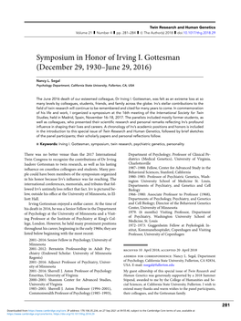 Symposium in Honor of Irving I. Gottesman (December 29, 1930–June 29, 2016)