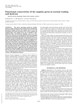 Functional Connectivity of the Angular Gyrus in Normal Reading and Dyslexia (Positron-Emission Tomography͞human͞brain͞regional͞cerebral)