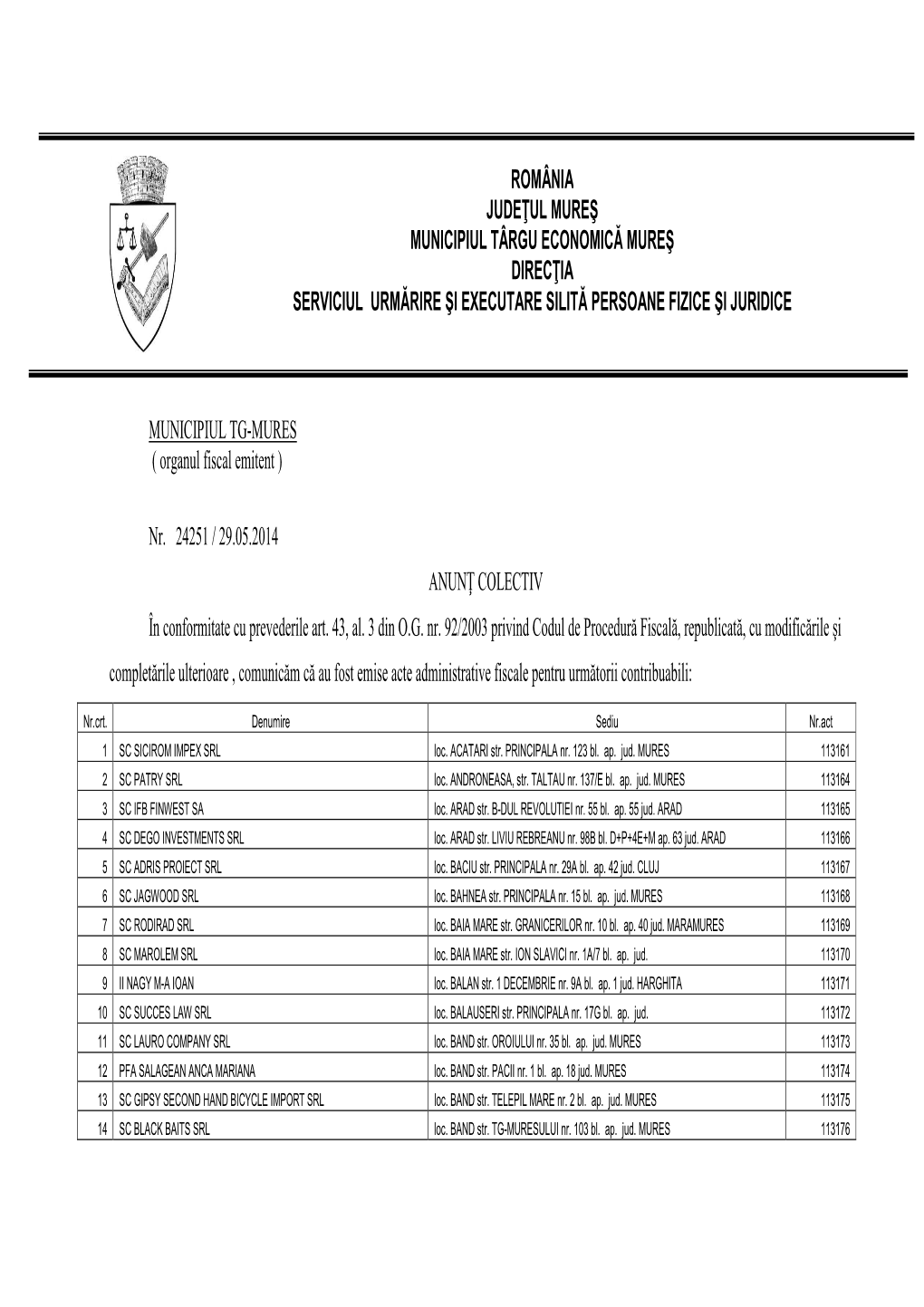 MUNICIPIUL TG-MURES ( Organul Fiscal Emitent ) Nr. 24251 / 29.05.2014 ANUNŢ COLECTIV În Conformitate Cu Prevederile Art