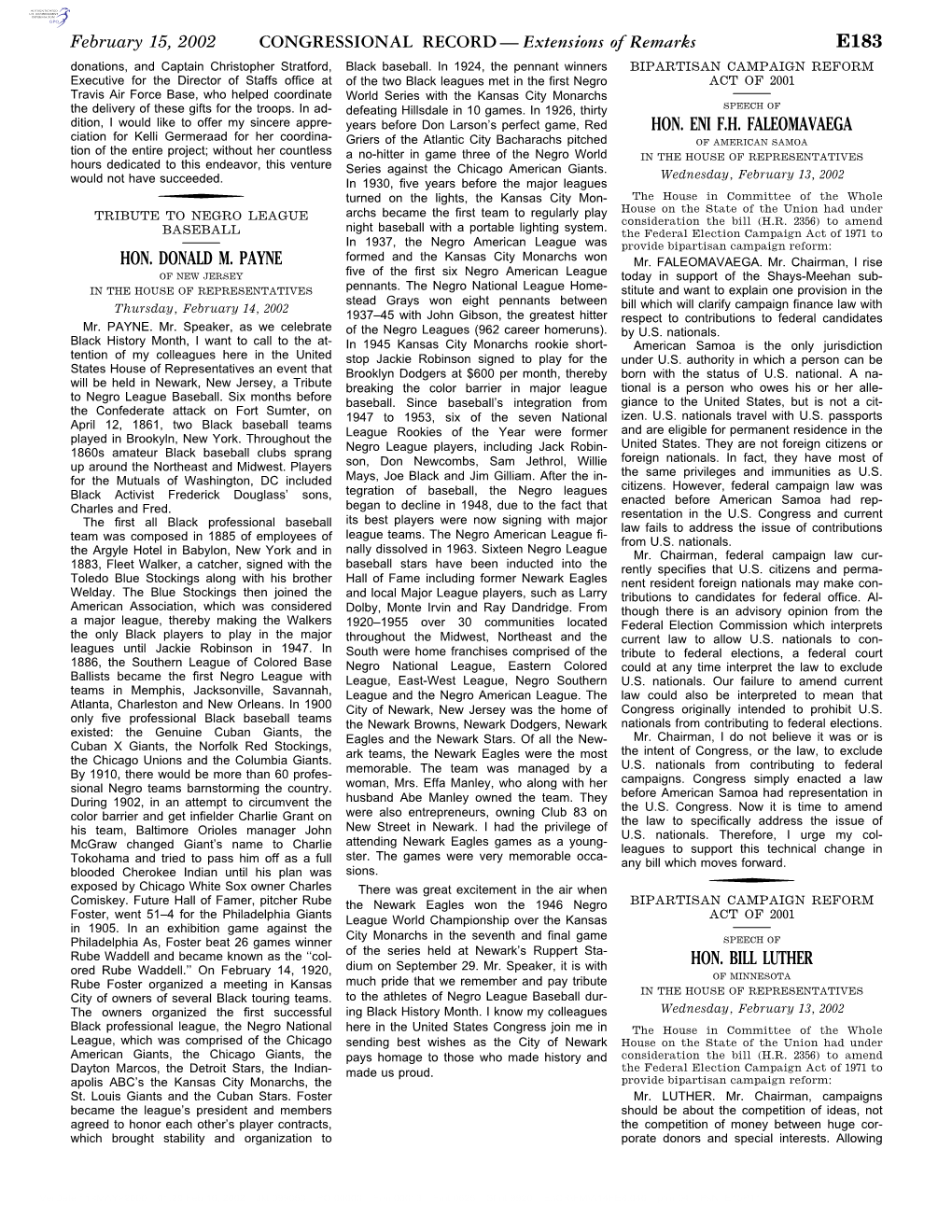 Extensions of Remarks E183 HON. DONALD M. PAYNE HON. ENI FH