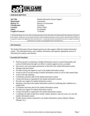 Page 1 JOB DESCRIPTION Job Title Student Information System Support