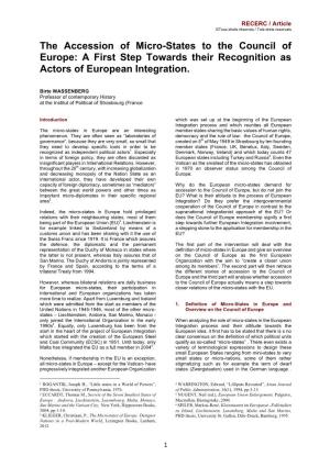 The Accession of Micro-States to the Council of Europe: a First Step Towards Their Recognition As Actors of European Integration