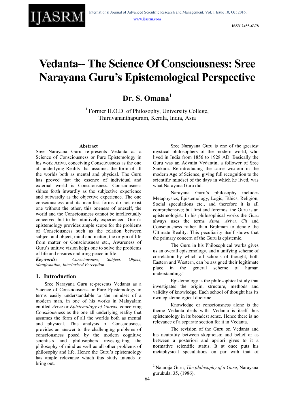 The Science of Consciousness: Sree Narayana Guru's Epistemological