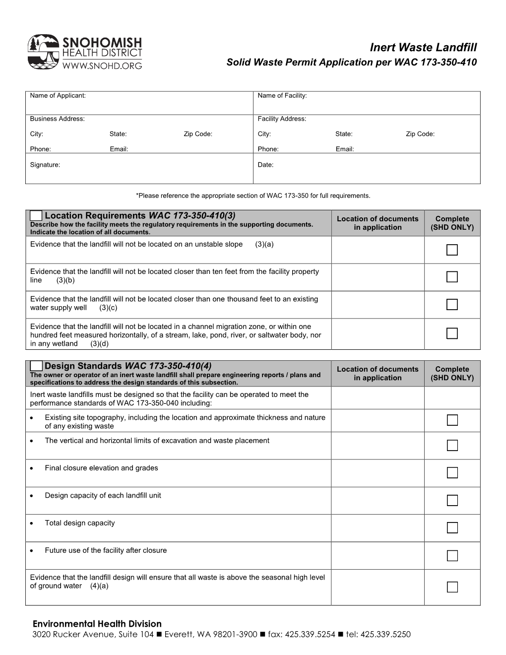 Inert Waste Landfill Solid Waste Permit Application Per WAC 173-350-410