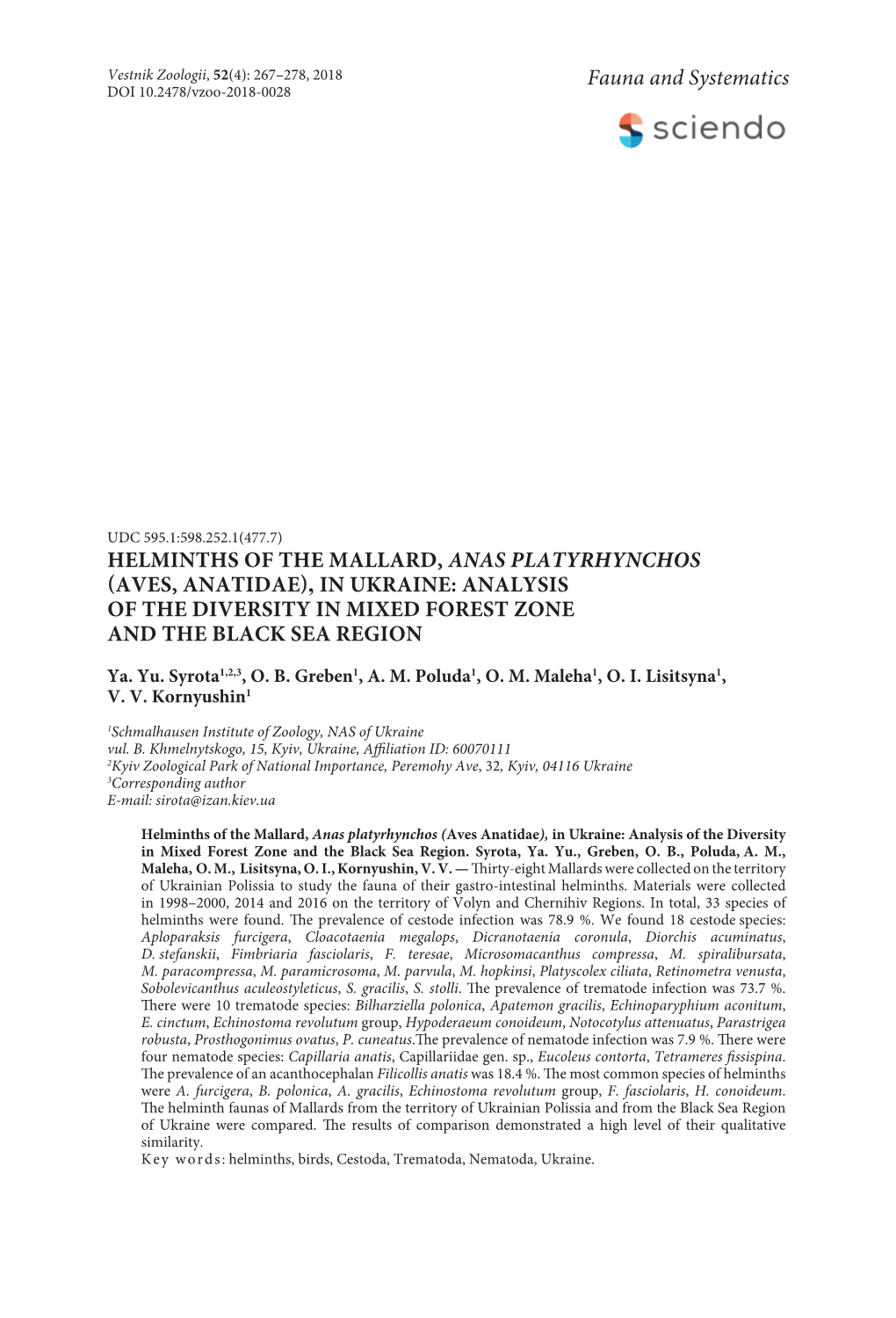 Helminths of the Mallard, Anas Platyrhynchos (Aves, Anatidae), in Ukraine: Analysis of the Diversity in Mixed Forest Zone and the Black Sea Region