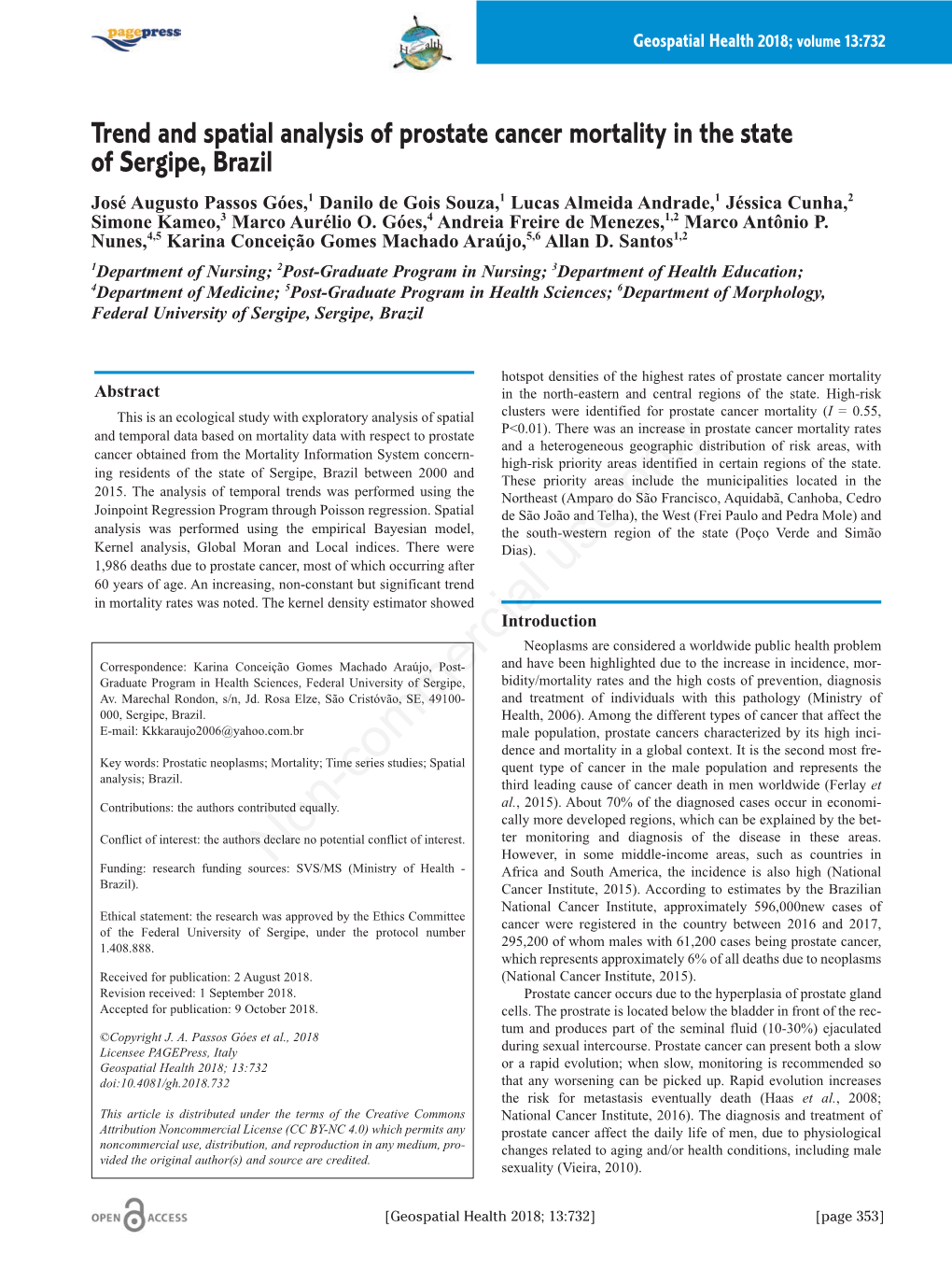 Trend and Spatial Analysis of Prostate Cancer Mortality in the State of Sergipe, Brazil