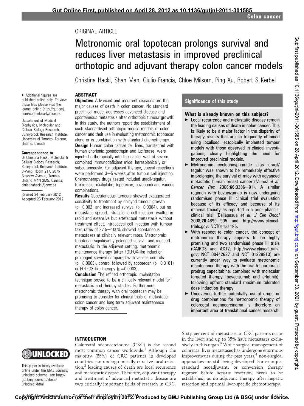 Metronomic Oral Topotecan Prolongs Survival and Reduces Liver