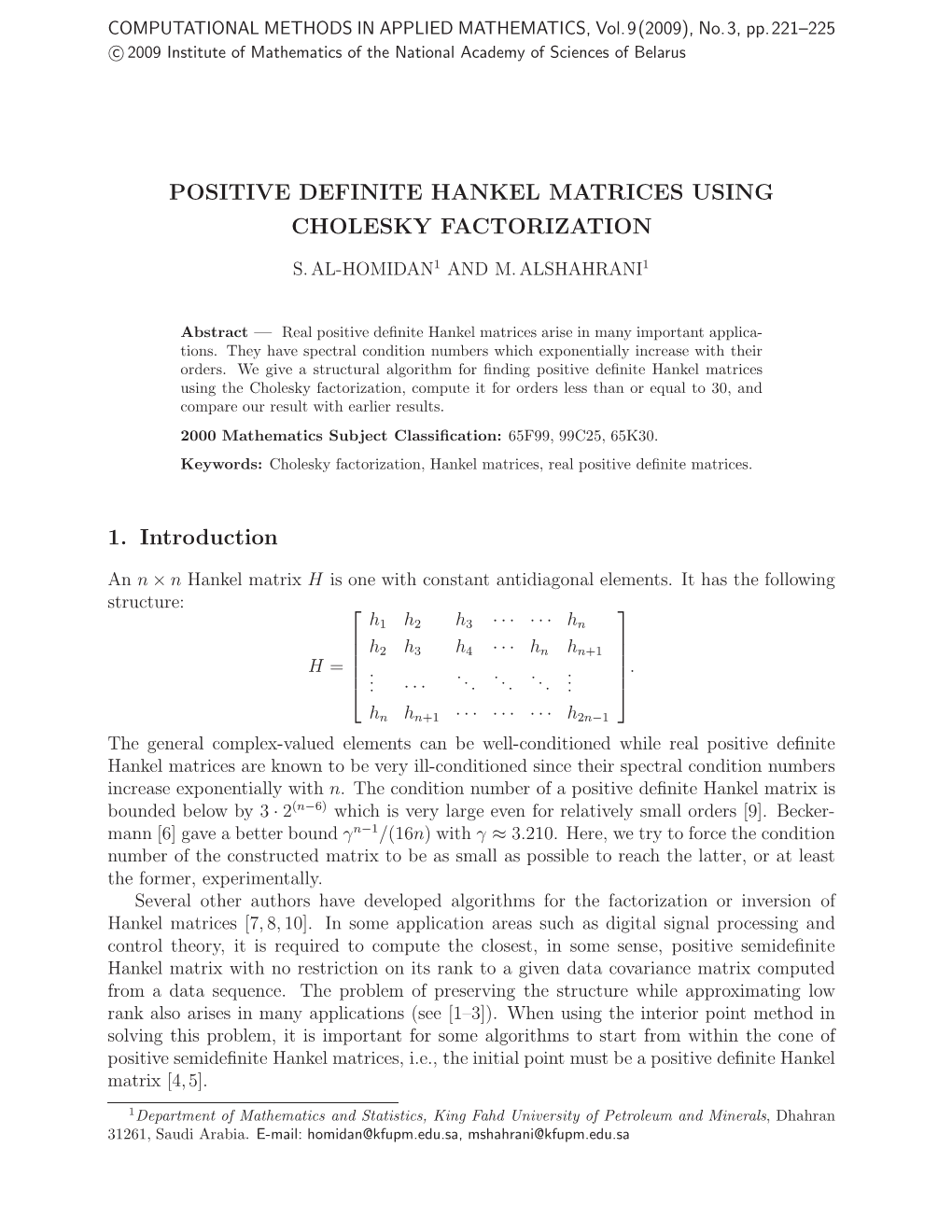 Positive Definite Hankel Matrices Using Cholesky Factorization