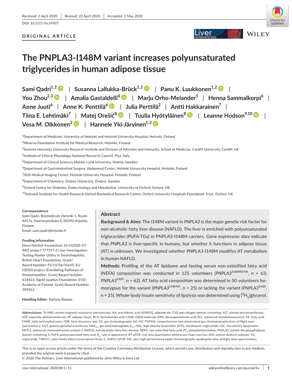 The PNPLA3‐I148M Variant Increases Polyunsaturated Triglycerides in Human Adipose Tissue