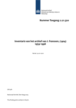 2.21.320 Inventaris Van Het Archief Van J. Franssen, (1904) 1959-1996