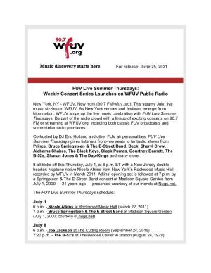 FUV Live Summer Thursdays: Weekly Concert Series Launches on WFUV Public Radio