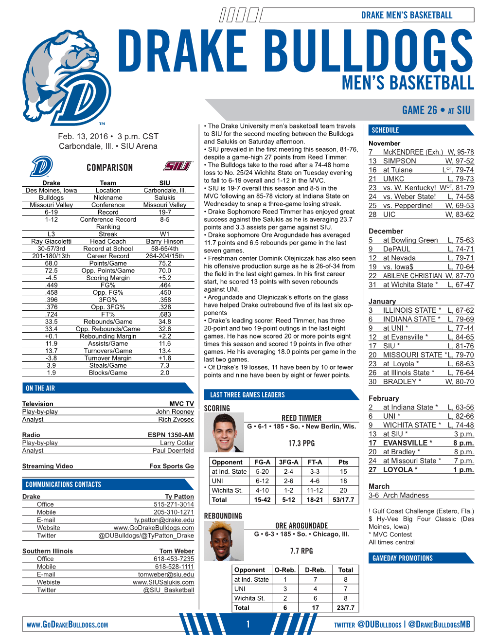 Men's Basketball Drake Season Schedule/Results & Leaders (As of Feb 10, 2016) DRAKE MEN’S BASKETBALL All Games 2015-16 RESULTS